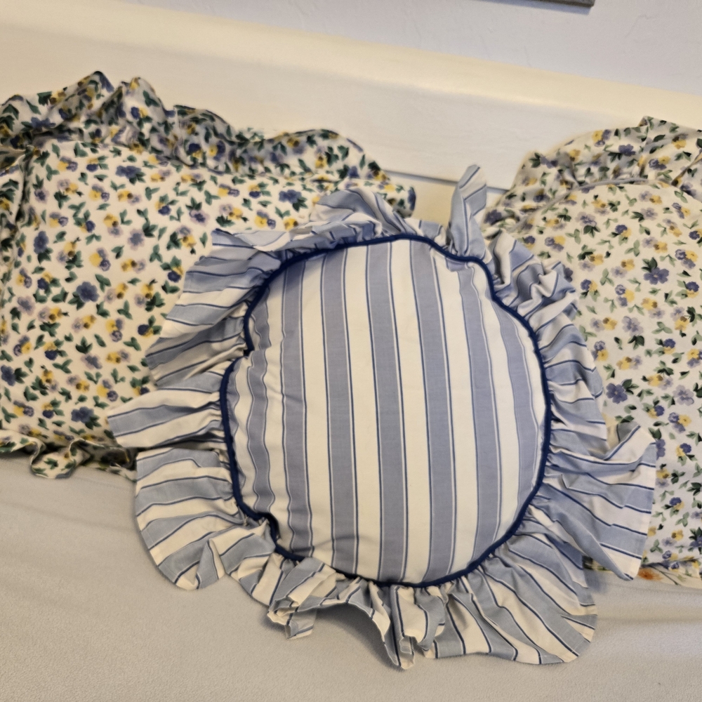 Vintage Laura Ashley Set of  Polyanthus & Blue Striped Accent Pillows